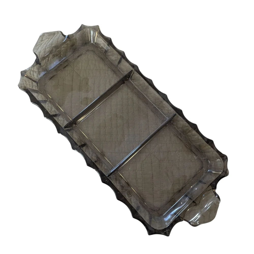 Vintage Rare Smokey Glass Scalloped Edge Handled 3 Sectioned Rectangular Server